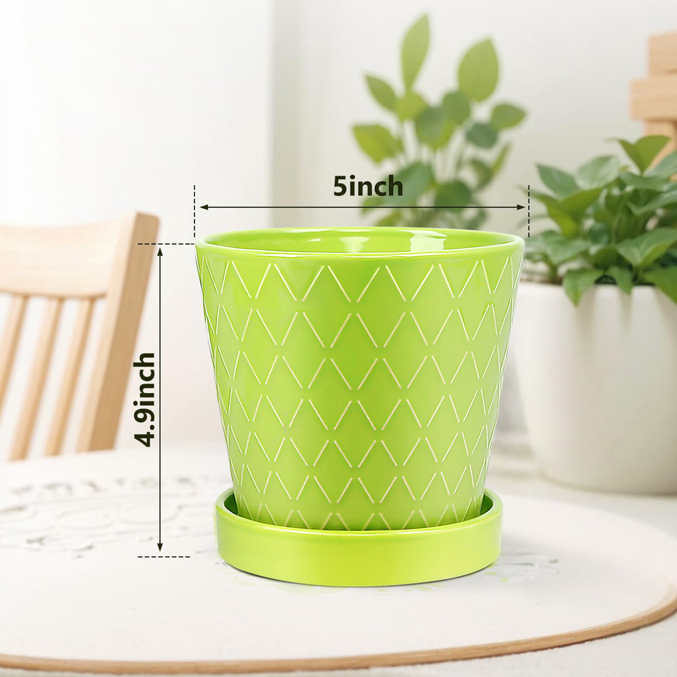 BUYMAX 5" Ceramic plant pots with drainage hole and tray, 4-Pack-4-patterns, gardening home desktop office windowsill decoration， green flower pots indoor