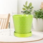 BUYMAX 5 Ceramic plant pots with drainage hole and tray, 4-Pack-4-patterns, gardening home desktop office windowsill decoration, green flower pots indoor