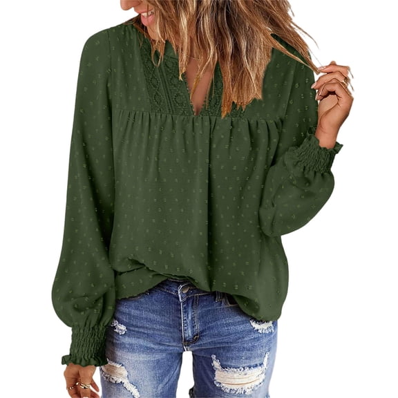 Women Boho Long Sleeve Shirts Dressy Casual V-Neck Fall Fashion Tops Dot Flowy Blouses