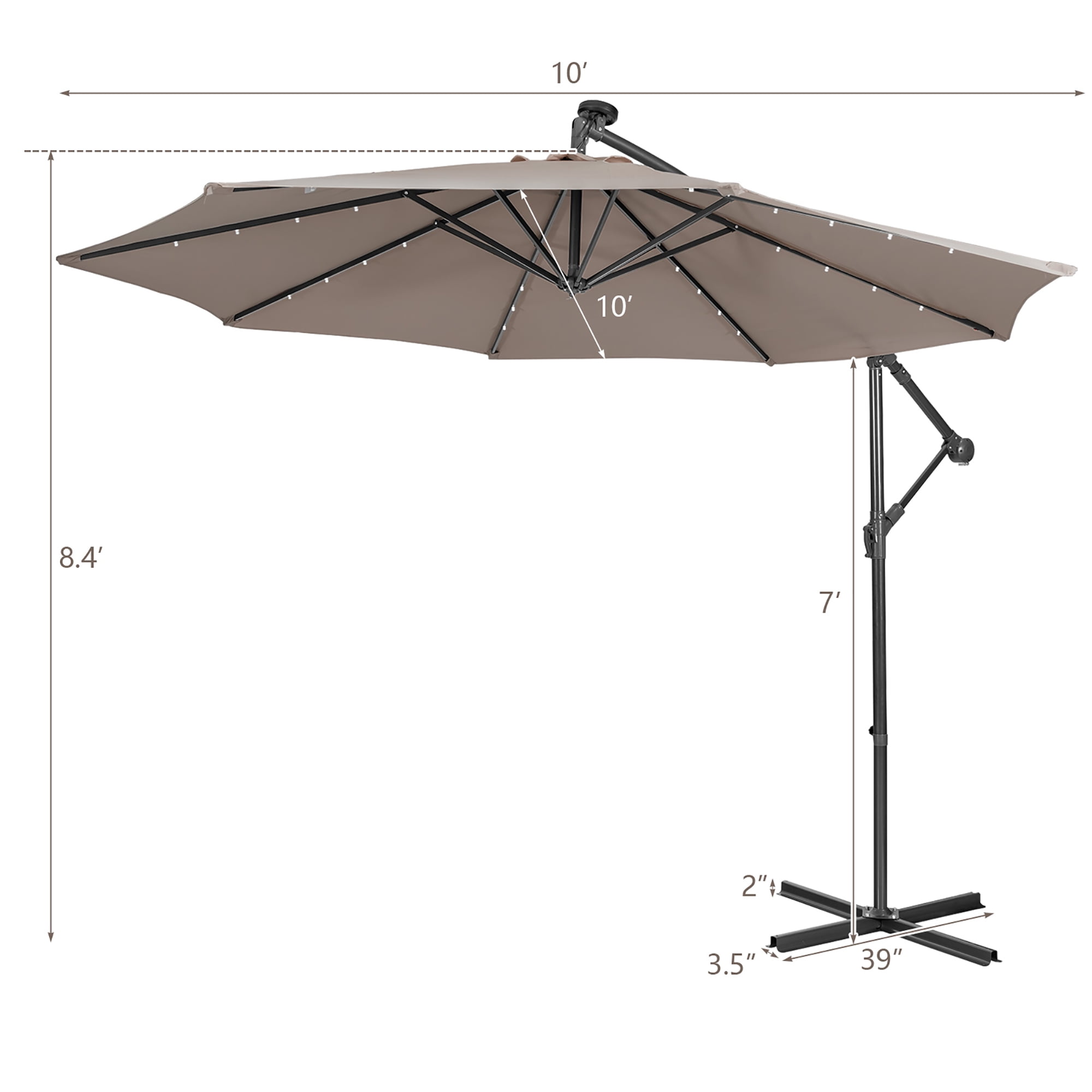 Costway 10FT Cantilever Solar Powered 32LED Lighted Patio Offset Umbrella Outdoor Coffee