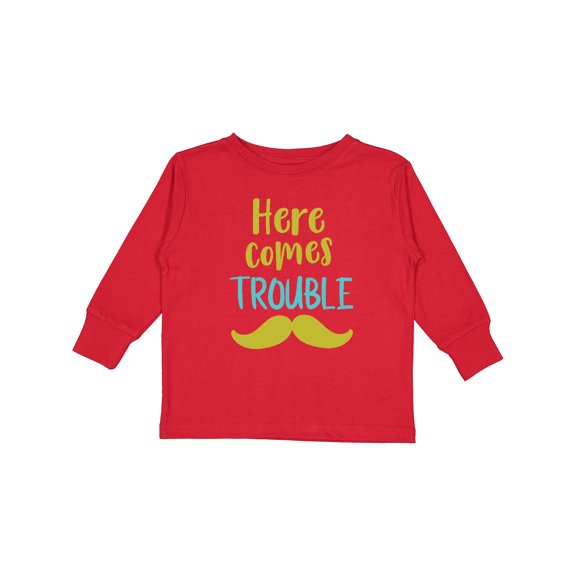 Inktastic Here Comes Trouble, Mustache, Moustache Boys or Girls Long Sleeve Toddler T-Shirt
