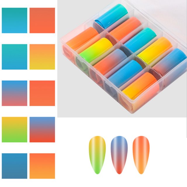 10 hojas de láminas para uñas, pegatinas de transferencia, arte de uñas fluorescente degradado yeacher etiqueta engomada de la transferencia