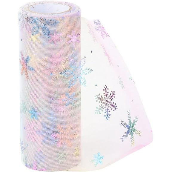 6 Inch Pink Snowflake Sheer Mesh Ribbon Wide Holiday Winter Snow Glitter Gradient Pastel Sparkling Netting Tulle Fabric Rolls Bulk for Sewing Making Tutu Skirt Crafts Gift Wrapping Christmas for DIY