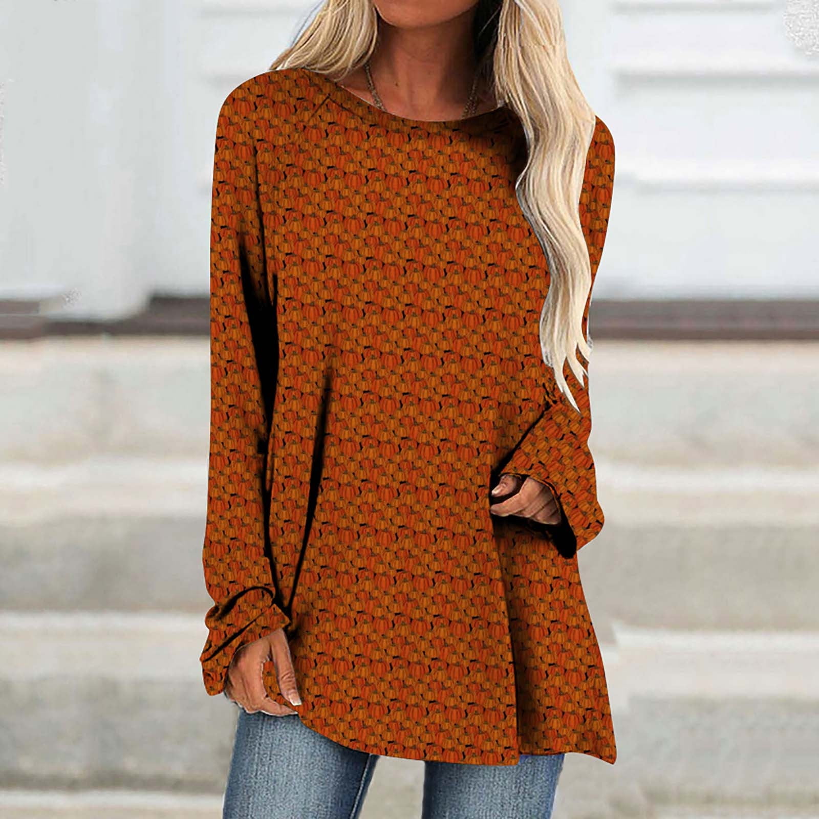 Halloween Tunic Tops for Women Loose Fit,Women Loose Long Raglan Sleeve Pumpkin Print Tunics to