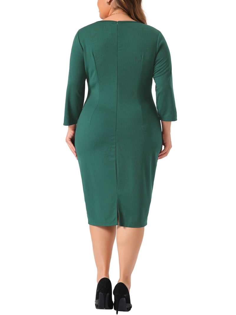 Agnes Orinda Women Plus Size St. Patrick's Day Cocktail Dresses for Curvy 3/4 Sleeve Ruffle Vintage Work Midi Pencil Bodycon Dress 2X Dark Green