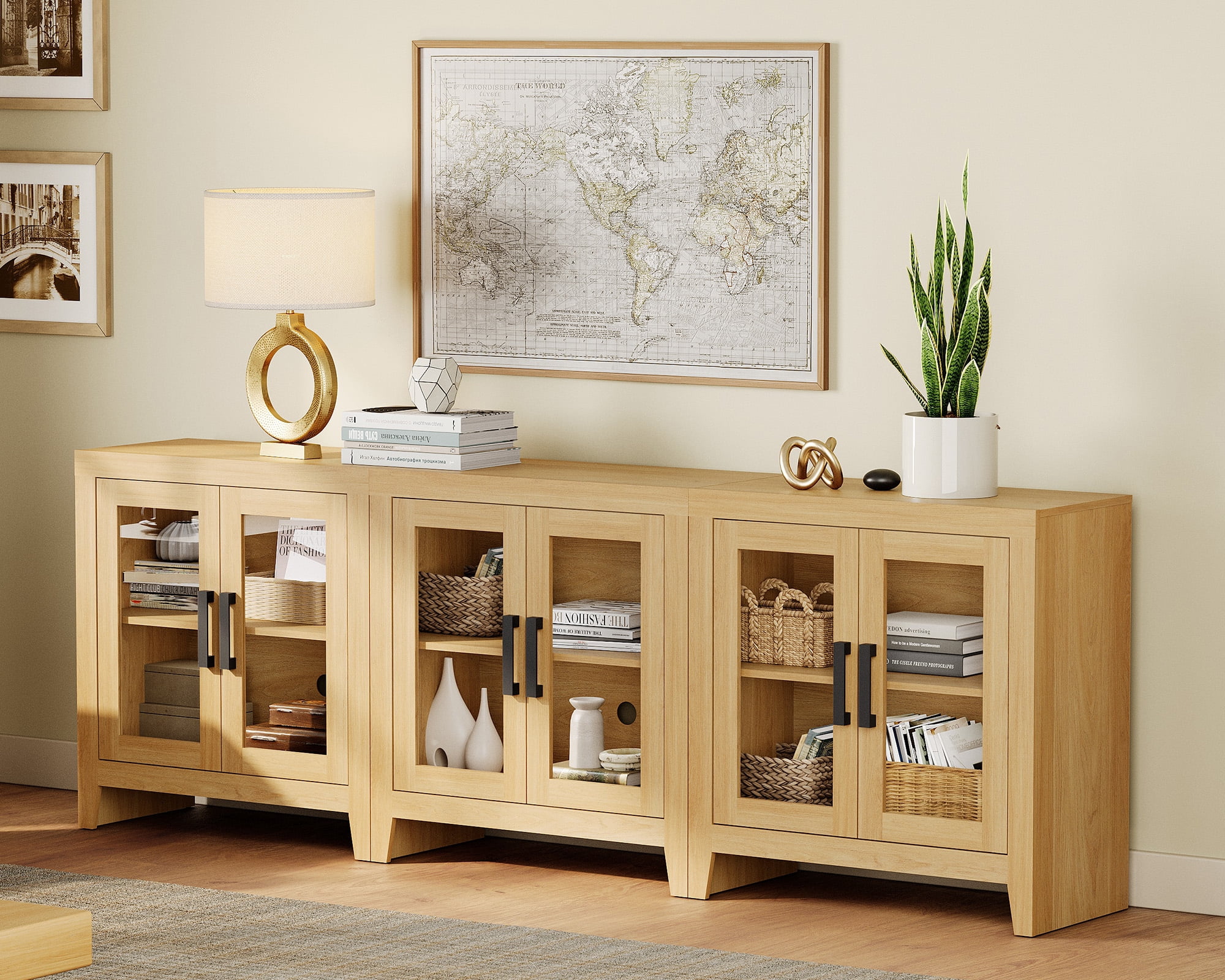 WAMPAT Modern Farmhouse TV Stand up to 100"TV, Entertainment Center with Tempered Glass Doors & Adjustable Shelves, Oak