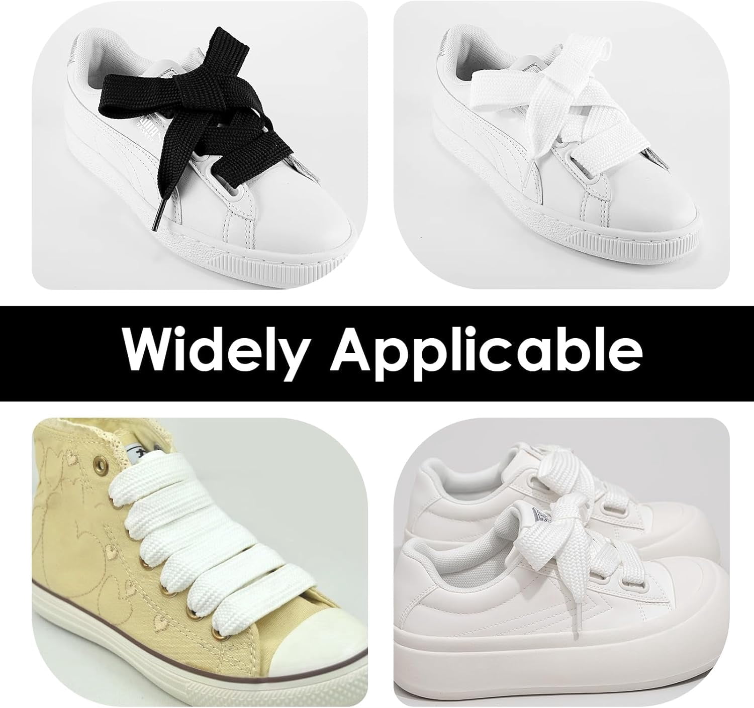 6 Pair Chunky White and Black Fat Laces, 4/5" (20mm) Wide Athletic Thick Flat Solid Color Replacement Shoelaces for Adults Teenages Retro Skate Sneaker Shoes (Black & White, 39"/47"/55")