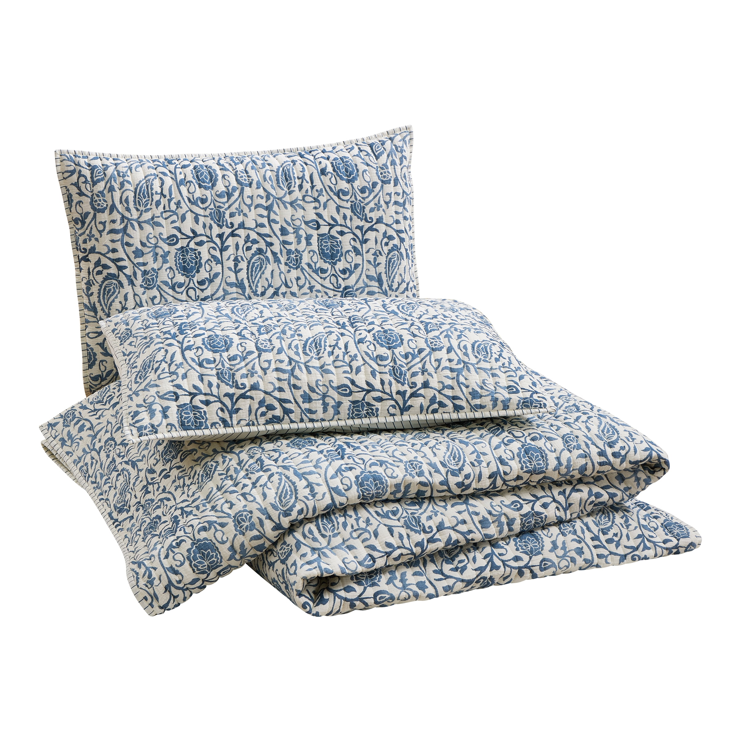 Eden Paisley Gauze 3-Piece Reversible Quilt Set, King, Blue