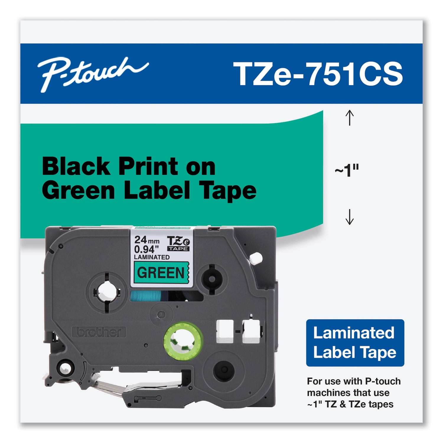 Brother Genuine P-touch, TZe-751CS, 0.94” x 26.2’, Black on Green Laminated Label Maker Tape