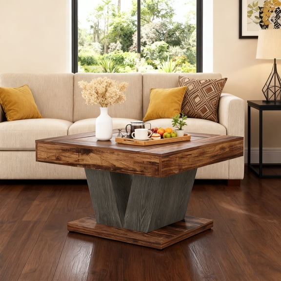 KIOOTTO 32" Square Coffee Table with Crisscross Base, Rustic Brown & Black Center Table for Living Room, Industrial Wood-Like MDF Top, 220 lbs Capacity