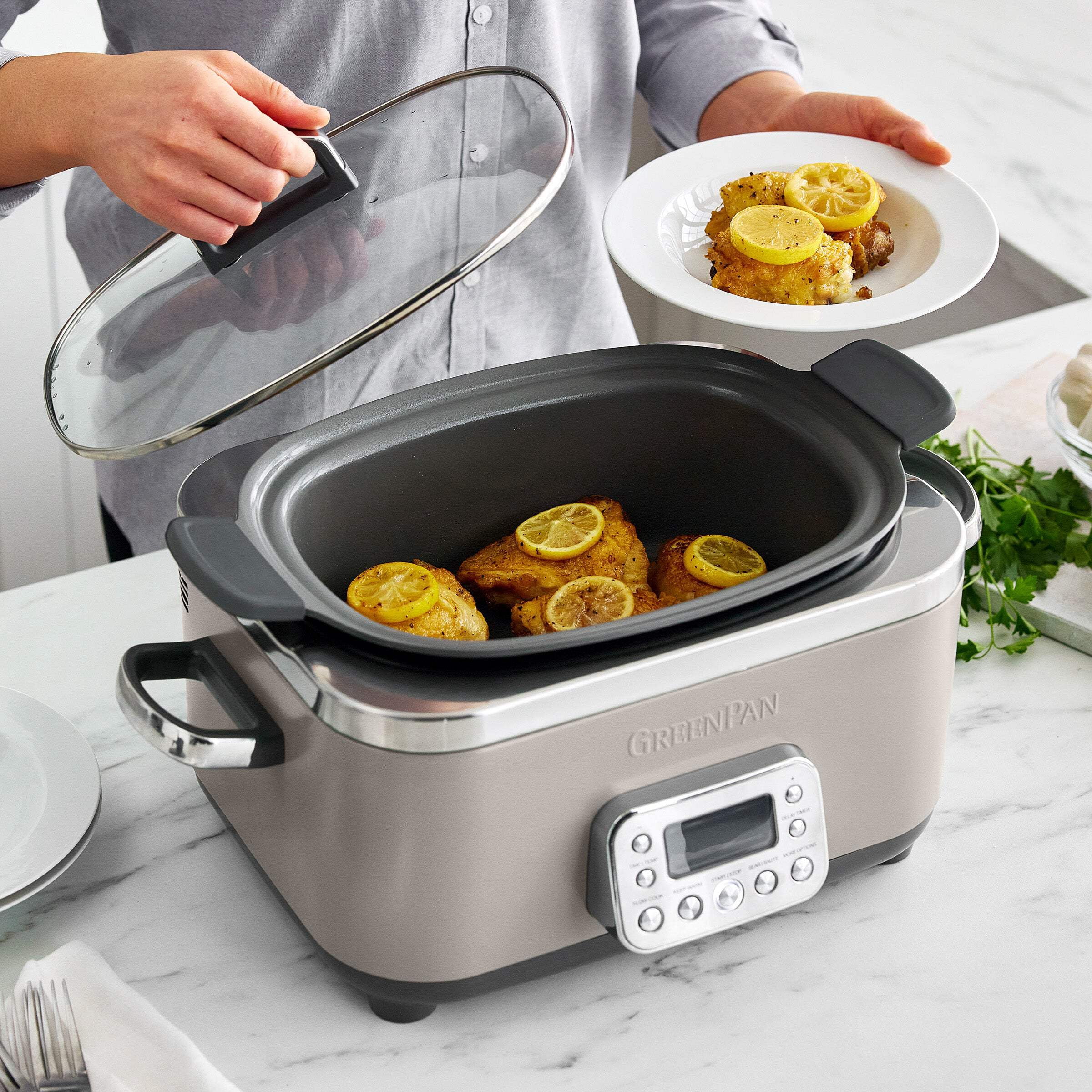 GreenPan 6-Quart, 14-in-1 Slow Cooker, Family Size, Ceramic Nonstick, Dishwasher Safe Parts, Cloud Grey