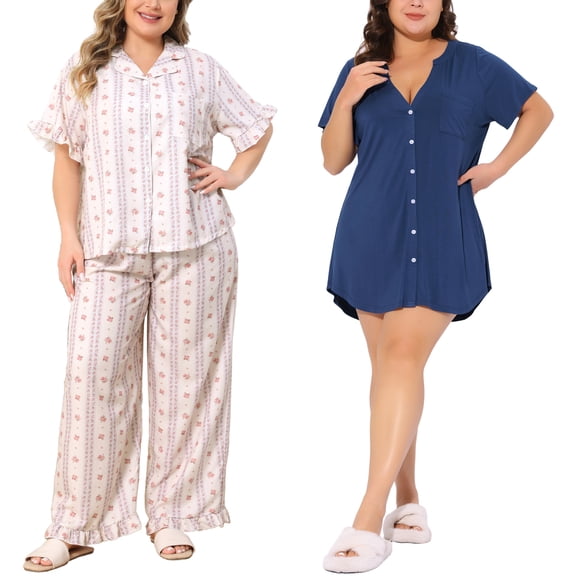 NOMADIC NOOK Women's Plus Size 2 Piece Split Neck Sleepshirt and Flower Pattern Short Sleeve Comfy Pajamas Set 1X Beige/Navy Blue