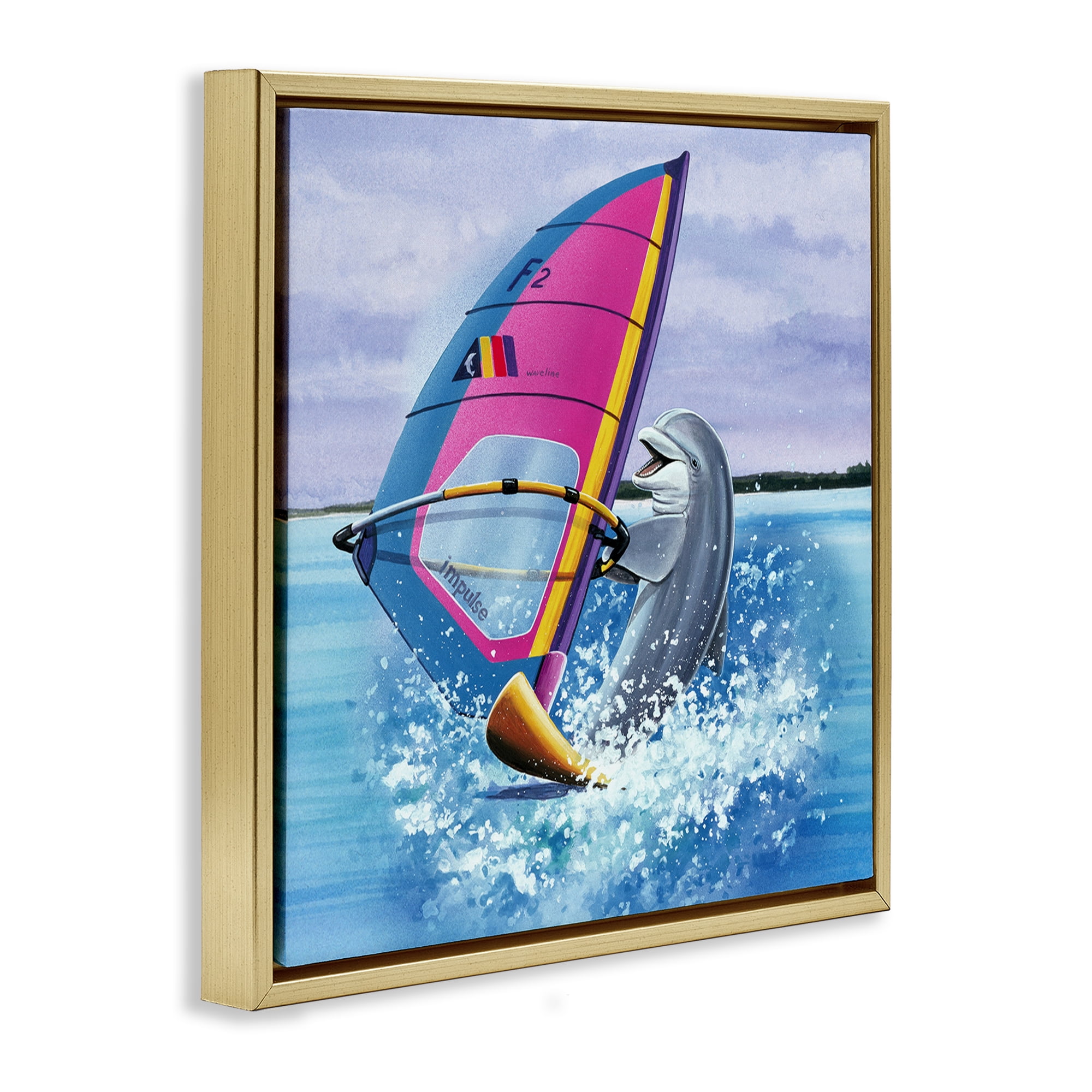 Stupell Industries Wind Surfer Dolphin Animals Painting Gold Floater Framed Canvas Art Print Wall Art, 18 x 18