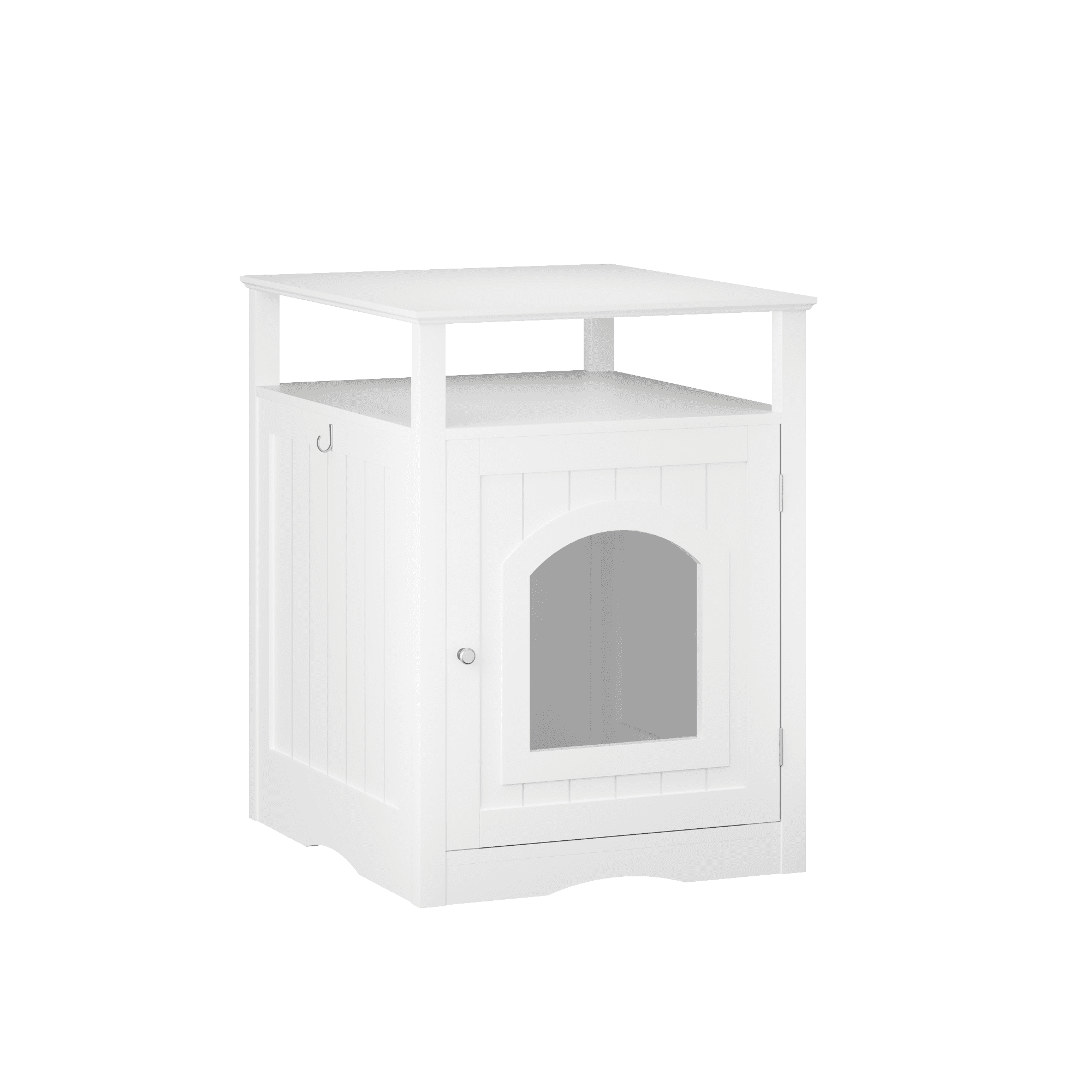 Cat Litter Box Enclosure Furniture, Indoor Wooden Cat House with Enclosed Cabinet, Hidden Litter Box Furniture with Storage Shelf, Modern Cat Condo Side Table for Living Room or Bedroom, White