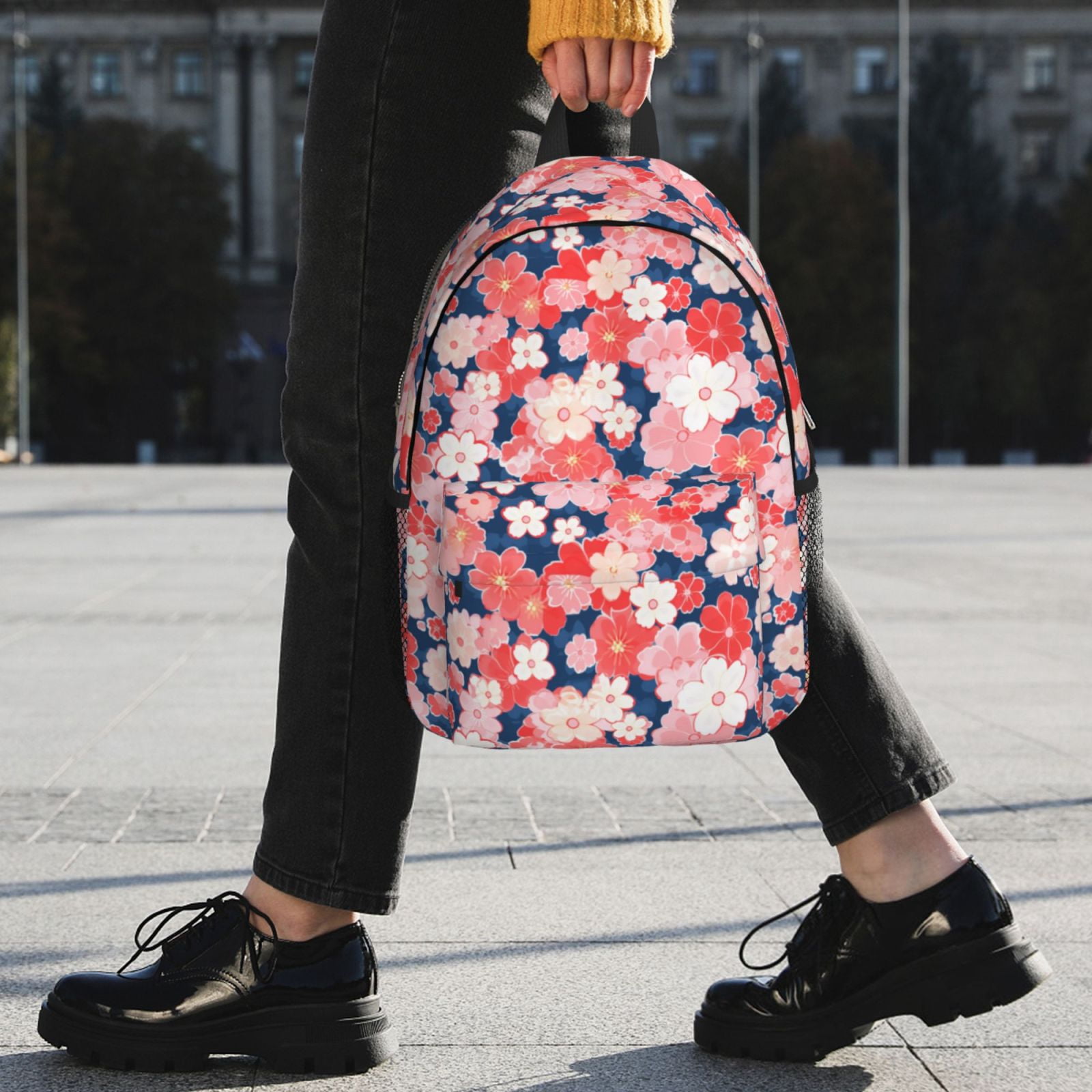 Rateoe Japanese Cherry Blossoms Pattern Student Backpack Water-resistant Backpack 15-inch Laptop Backpack Lightweight Adjustable School Backpack