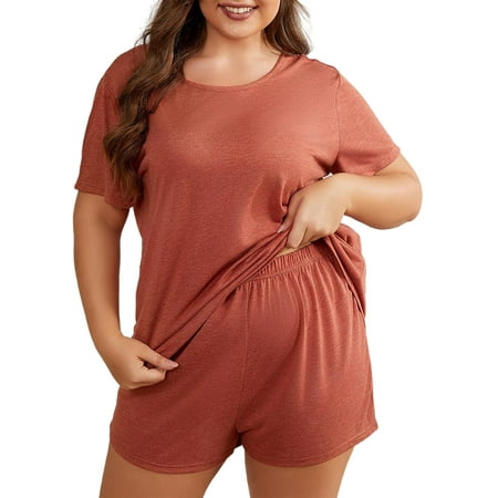 

Glonme Women Plus Size Pajamas Sets Short Sleeve 2 Piece Outfits Elastic Waist Sleepwear Home Clothes Loose Nightwear Baggy Tops And Shorts Lounge Set Brick Red 0XL