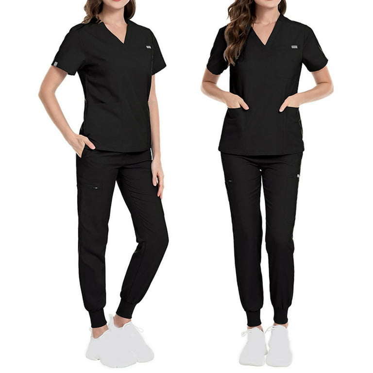 Uniforms Scrub Set Nurse Top Pants Workwear for Pet Grooming Cosmetology  SPA Black S