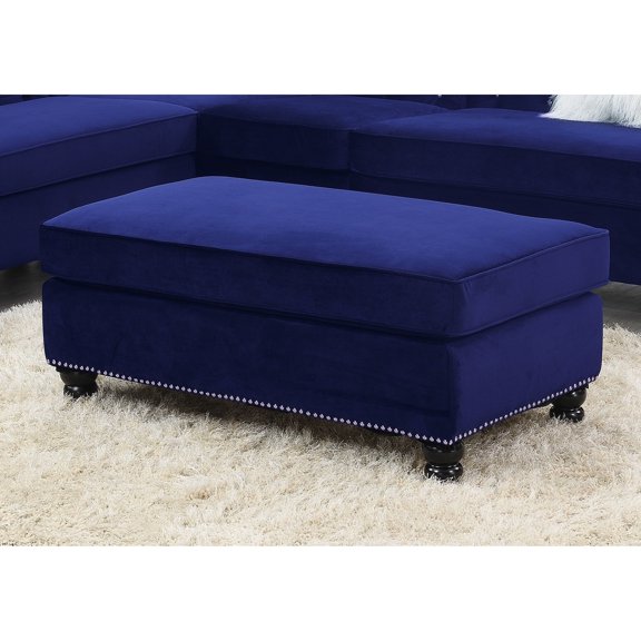 Newboti Furniture Living Room XL- Cocktail Ottoman Indigo Blue Velvet Accent Studding Trim Wooden Legs 07207