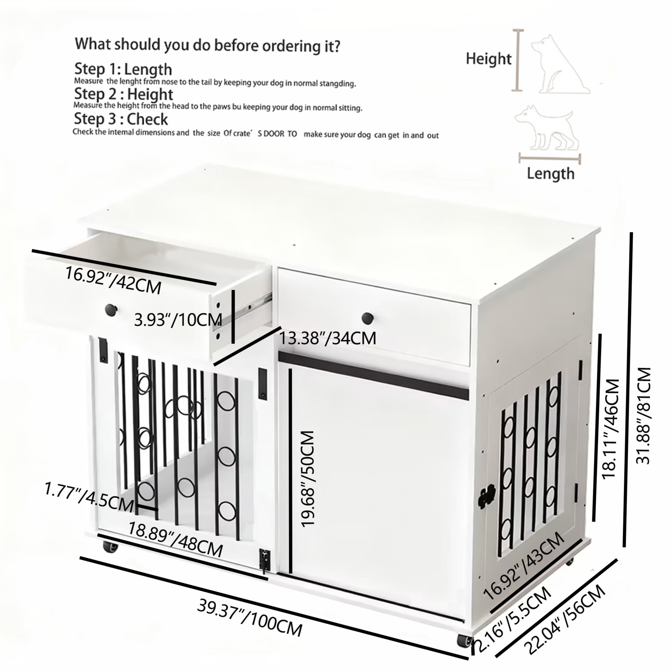 Noble House 39.37" Modern Dog Crate Furniture with Sliding Barn Door and Drawers, Pet Kennel with Lockable Wheels, White
