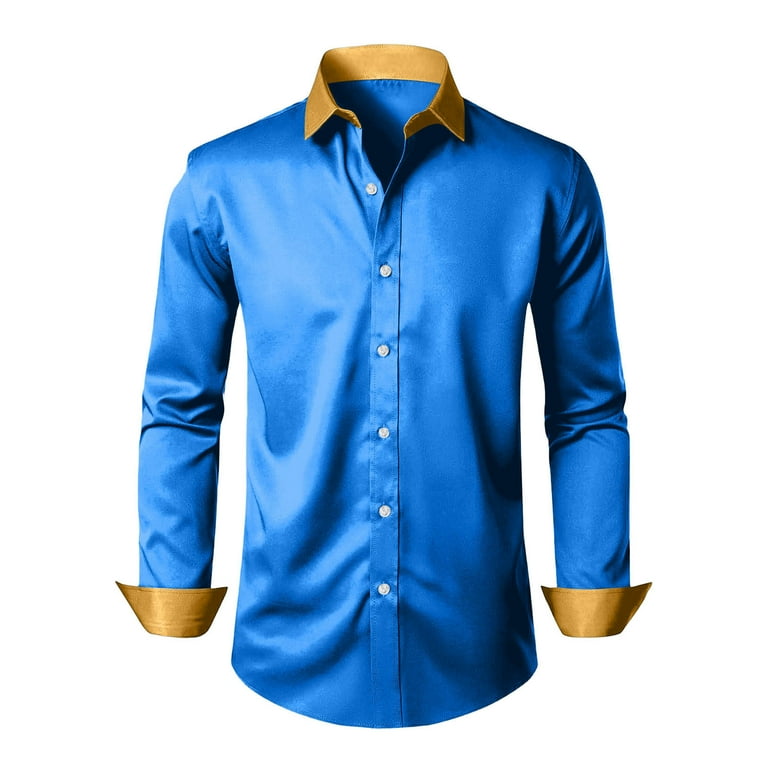 Ronghuan Men's Big and Tall Dress Shirt Long Sleeve Button Down Tops Loose Fit Lapel Shirts Oversize Formal T-Shirt, Size: 3XL, Blue