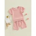 thumbnail image 3 of FEORJGP Toddler Girls Summer Outfits 0-3Y Infant Baby Short Sleeve T-shirt Crew Neck Shirt Solid Color Tops Drawstring Shorts Sets Newborn Loose Casual Daily Clothes, 3 of 9