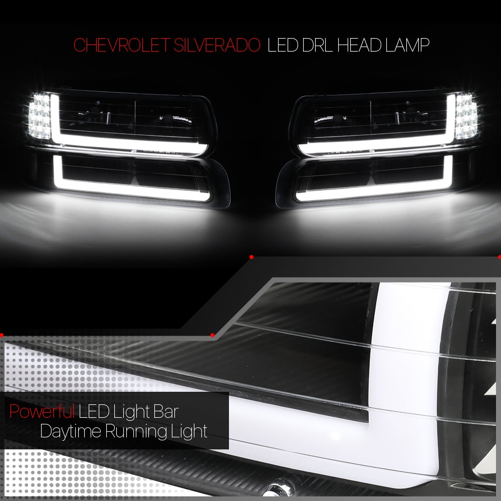 DNA Motoring For 99-02 Chevy Silverado 1500 2500 HD LED DRL Headlight Bumper Lamps All Black Pair
