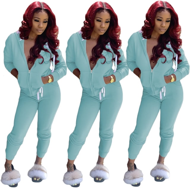 Women Solid Color Sets Zipper Hood Wear Lounge Wear Suit Sport Set Tops+Pants