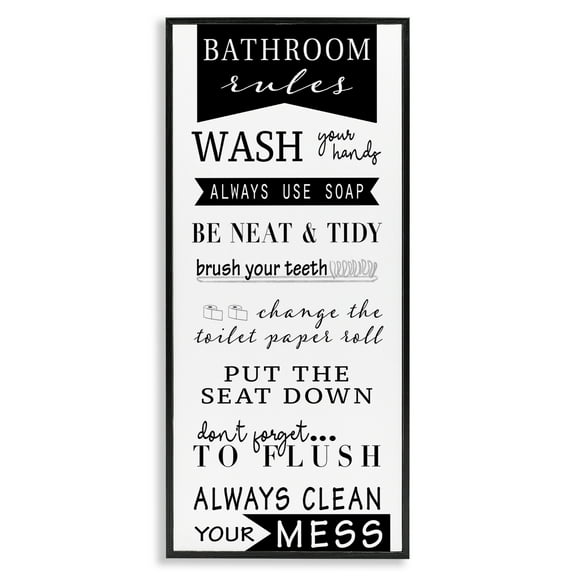 Stupell Industries Black Bathroom Rules Typography Painting Black Framed Art Print Wall Art, 10 x 24