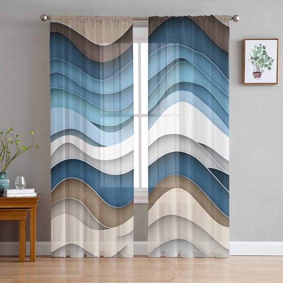 Blue Beige Ombre Sheer Curtains 63 Inch Length 2 Panels Set for Living Room/Bedroom, Moire Geometric Abstract Modern Semi Curtain Sheers Drapes Rod Pocket Curtains Window Treatment Set 52''x63''x2
