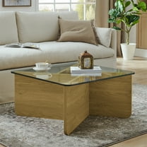 Jopath Glass Coffee Table,31.5 Inch Mid-Century Modern Square Coffee Table with Tempered Glass Top,Wooden Coffee Table for Living Room,Natural Wood