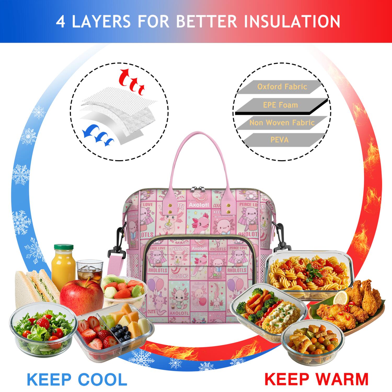 Kawaii Axolotl Insulated Lunch Bag – Cute Cartoon Leakproof Cooler Tote with Fantasy Creature Design, Reusable Lunch Box for School, Work, or Gift Giving
