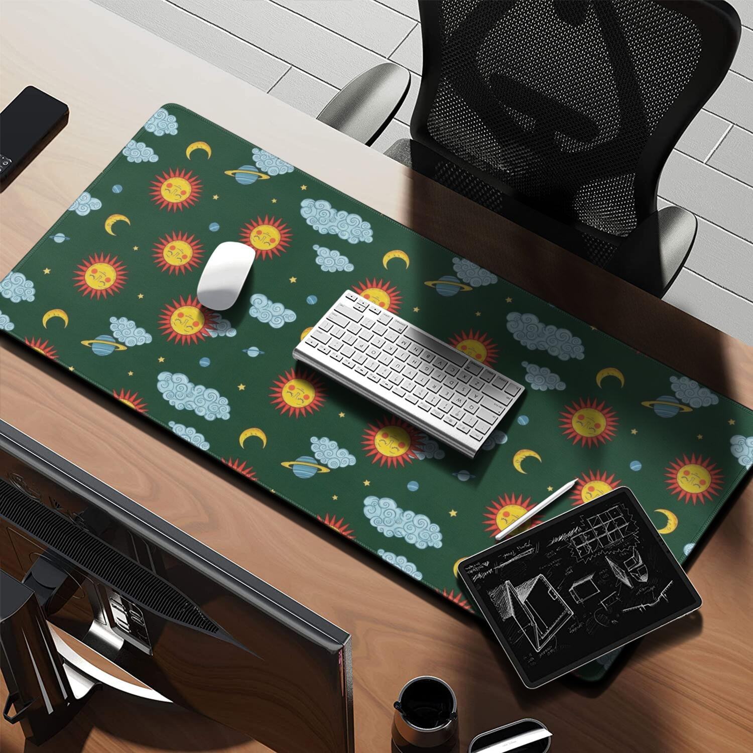 Long Mouse Pads for Desk,Green Sun Moon Cloud Planet Pattern Desk Mats on Top Of Desks, Desk Mouse Pad Extra Large with 3mm Non-Slip Base and Stitched Edge for Gaming,Office,Work,Home 35.4"x15.7"