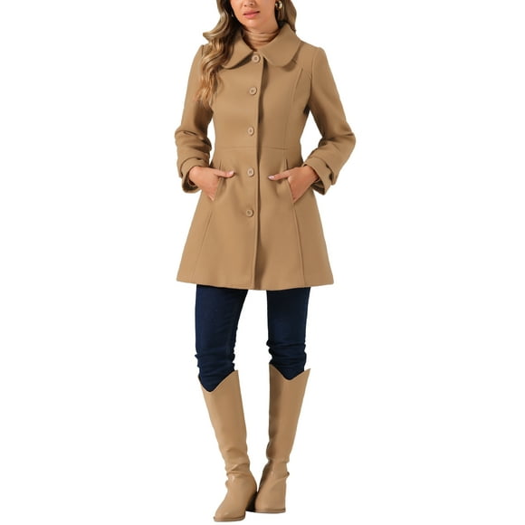 Unique Bargains Women's Peter Pan Collar Single Breasted Button Front Outwear Winter Coats Camel L