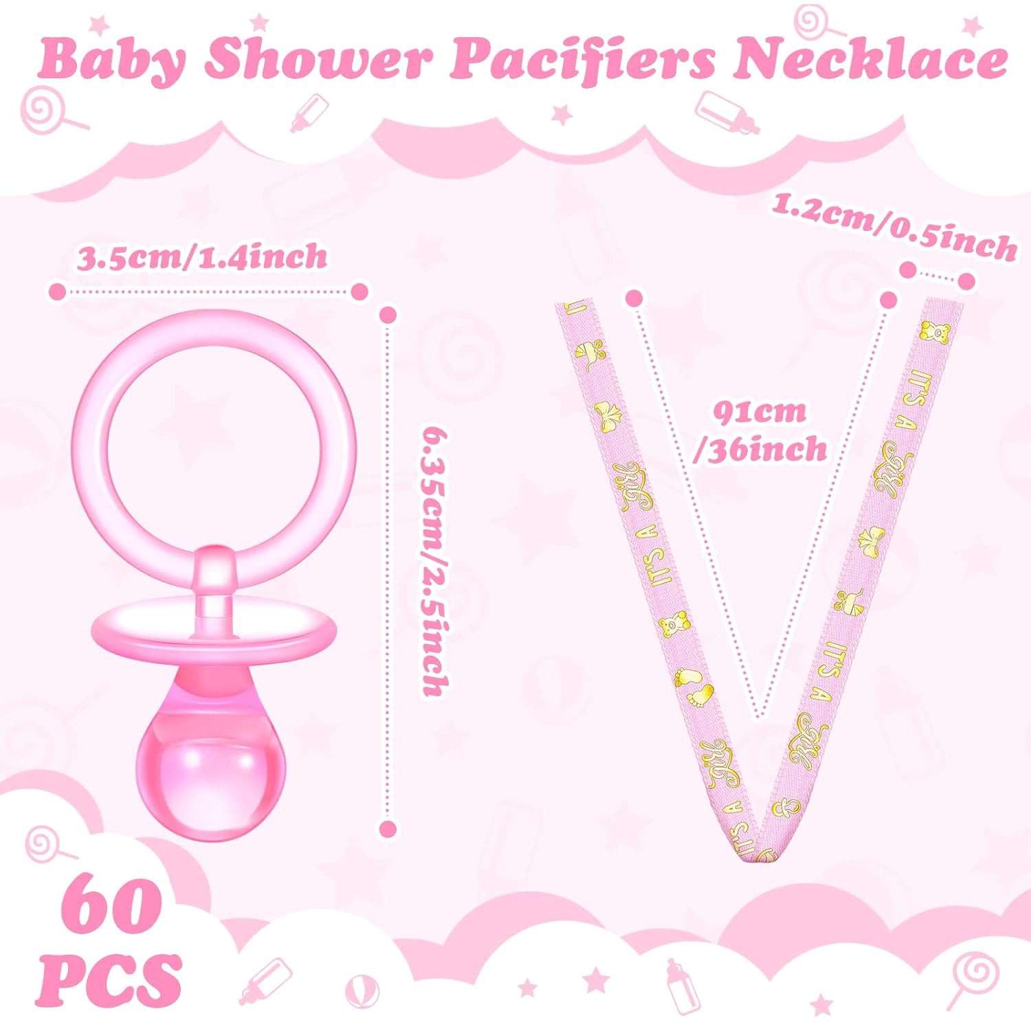 60 Pieces Baby Shower Pacifiers Necklace Acrylic Pacifiers Necklace Charm for Baby Shower Party Favors Decorations, Women Style(Pink, Gold)