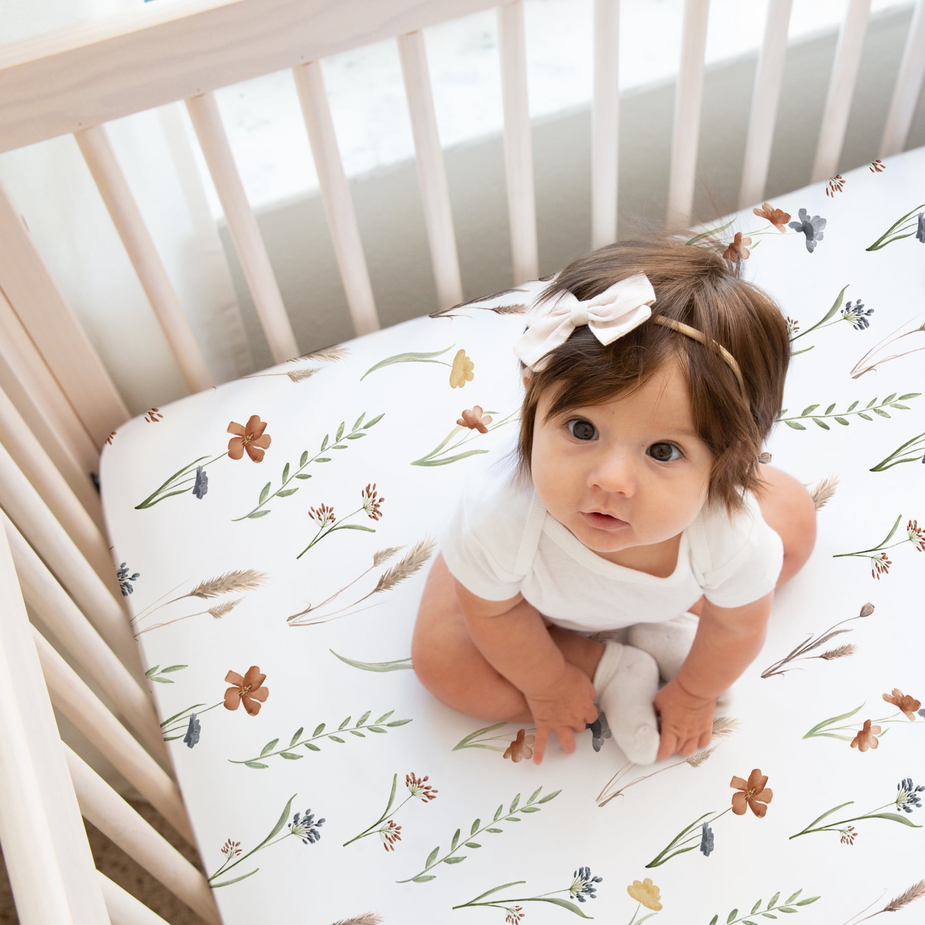 Sweet Jojo Designs Watercolor Floral Garden Green Orange and Beige Fitted Crib Sheets 2 Piece Set
