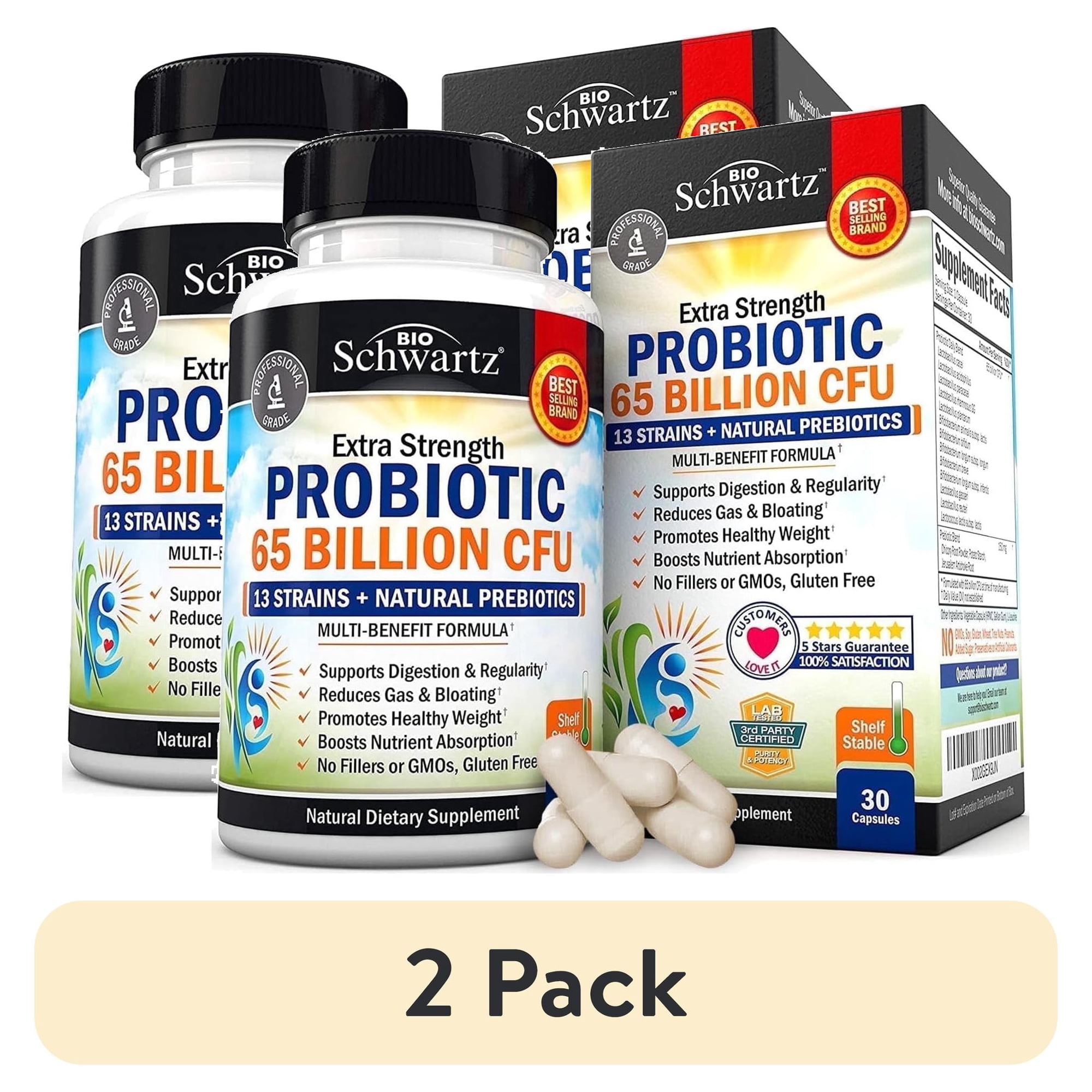 (2 pack) BioSchwartz Extra Strength Probiotic Capsules, Prebiotics and Probiotics for Women and Men, 65B CFUs, 30 Count