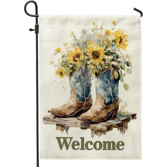 Welcome Garden Flag With Sunflowers and Cowboy Boots, Rustic Double-Sided Outdoor Lawn Decor, 12 x 18 Inch