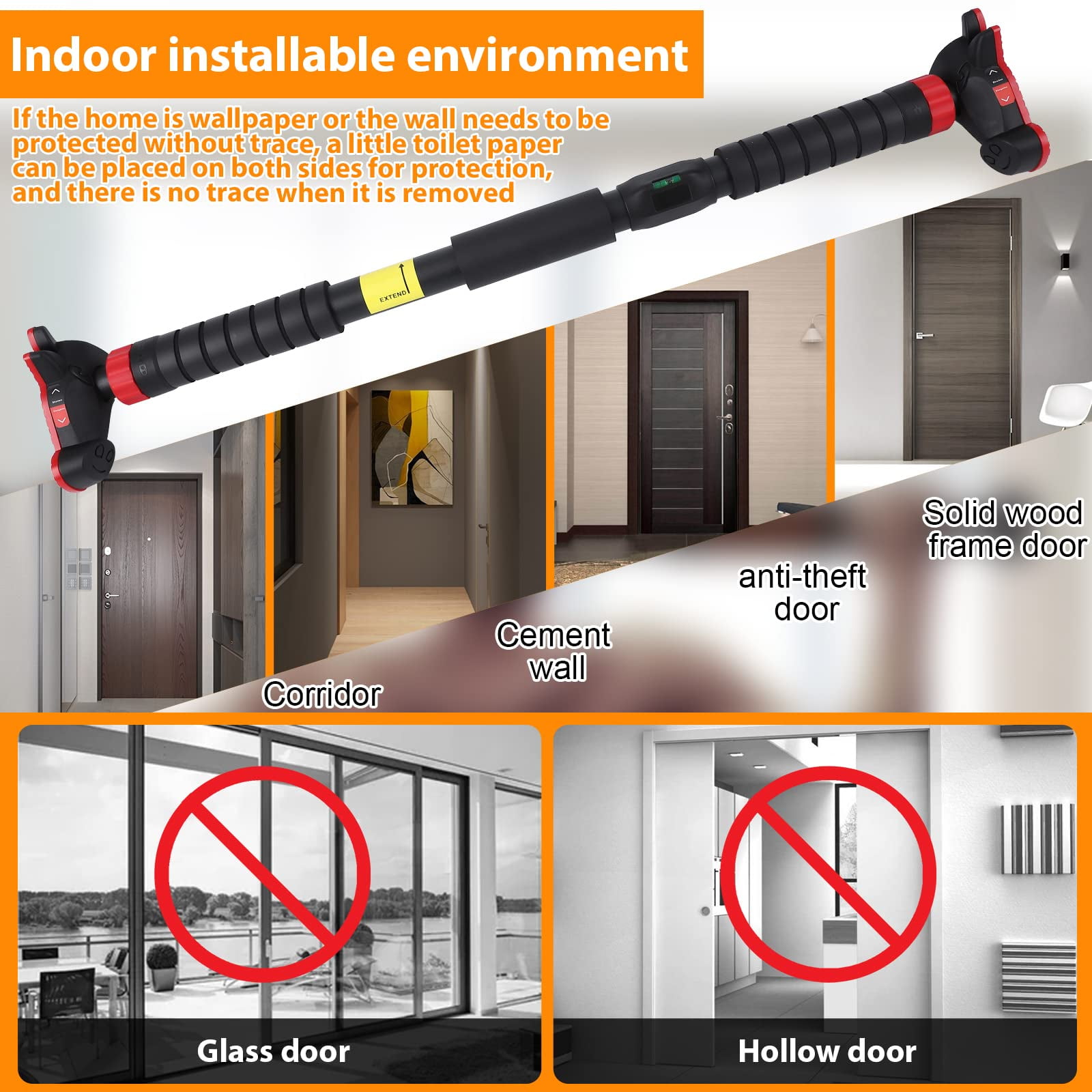 Pull Up Bar for Doorway, Strength Training Pull-up Bars, No Screws, No Installation Required, Max Load 440 LBS Chin Up Bar With Level Meter and Adjustable Width for Home Gym Upper Body Workout