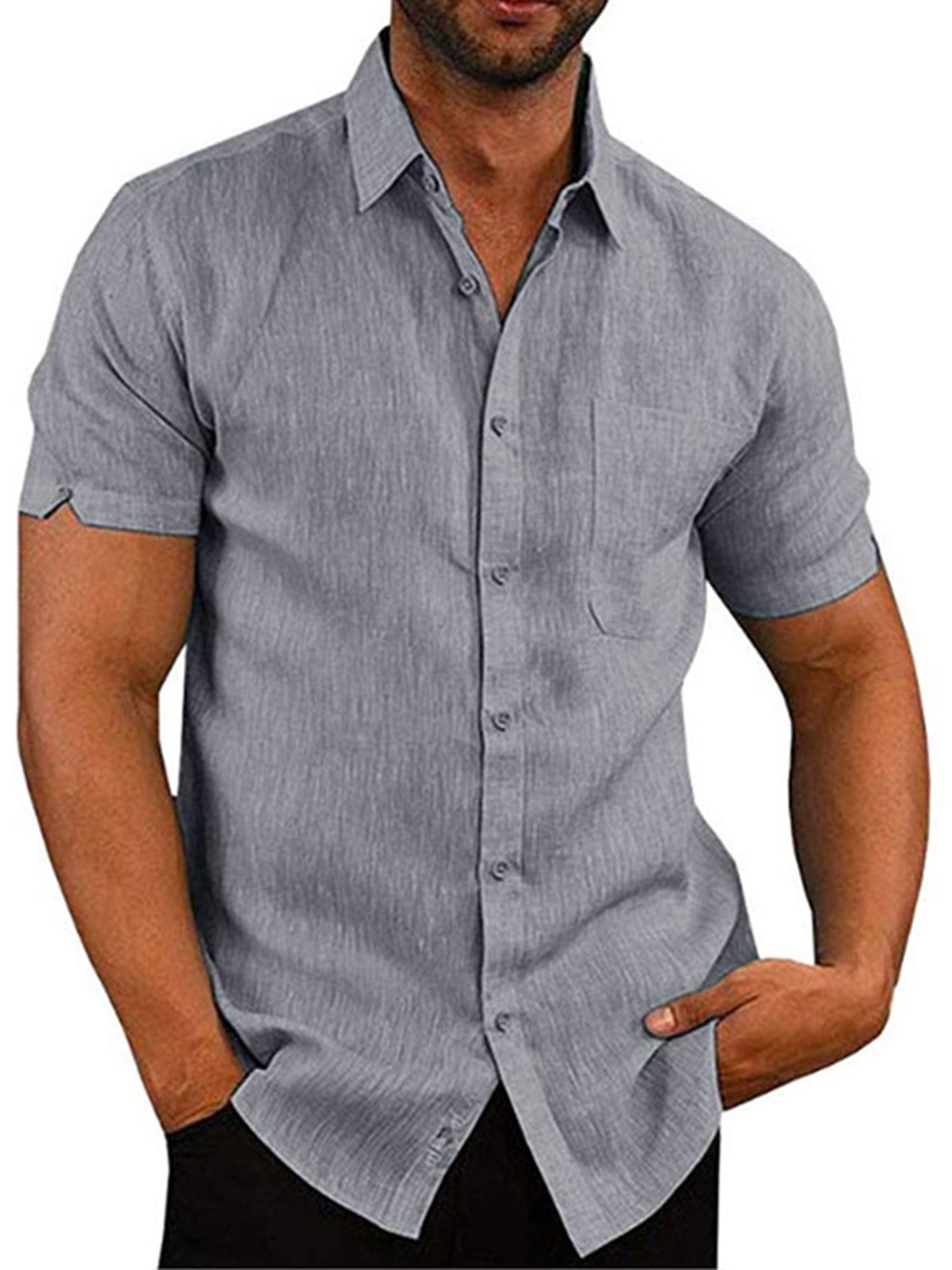 YYear Men Cotton Linen Short Sleeve Color Block Button Up Shirts with Pocket