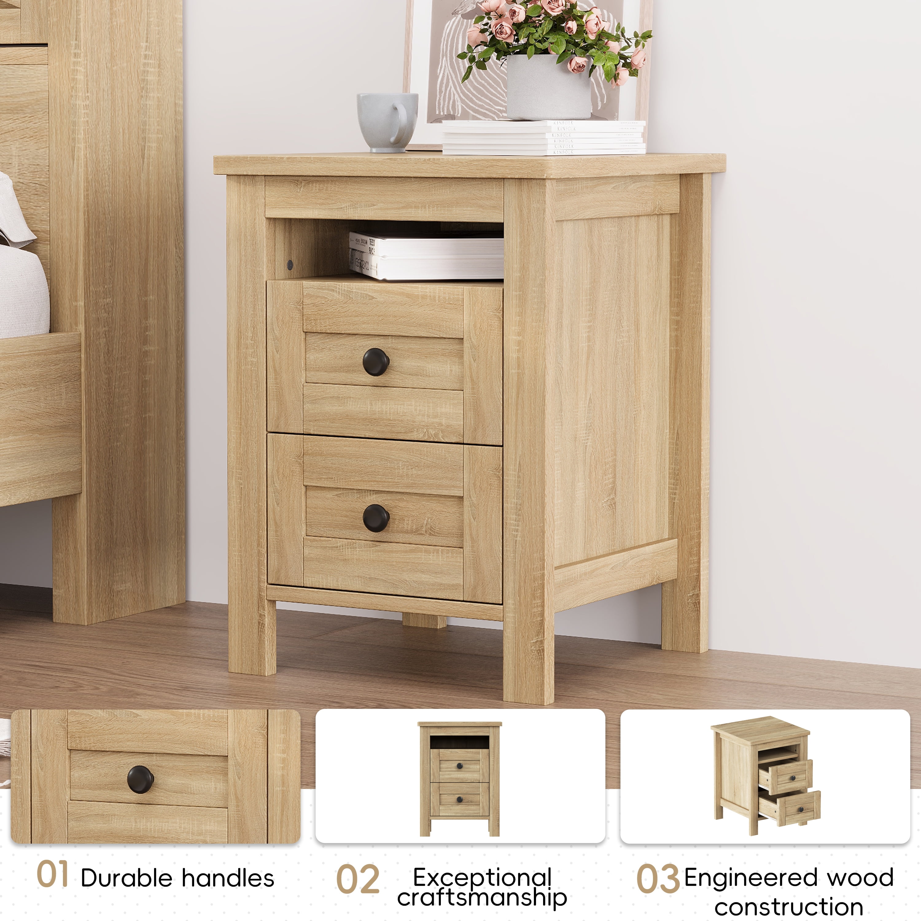 Mintazer 3-Piece Farmhouse Bedroom Set with Nightstand & 6-Drawer Dresser, Queen Platform Bed with Storage Headboard, Natural