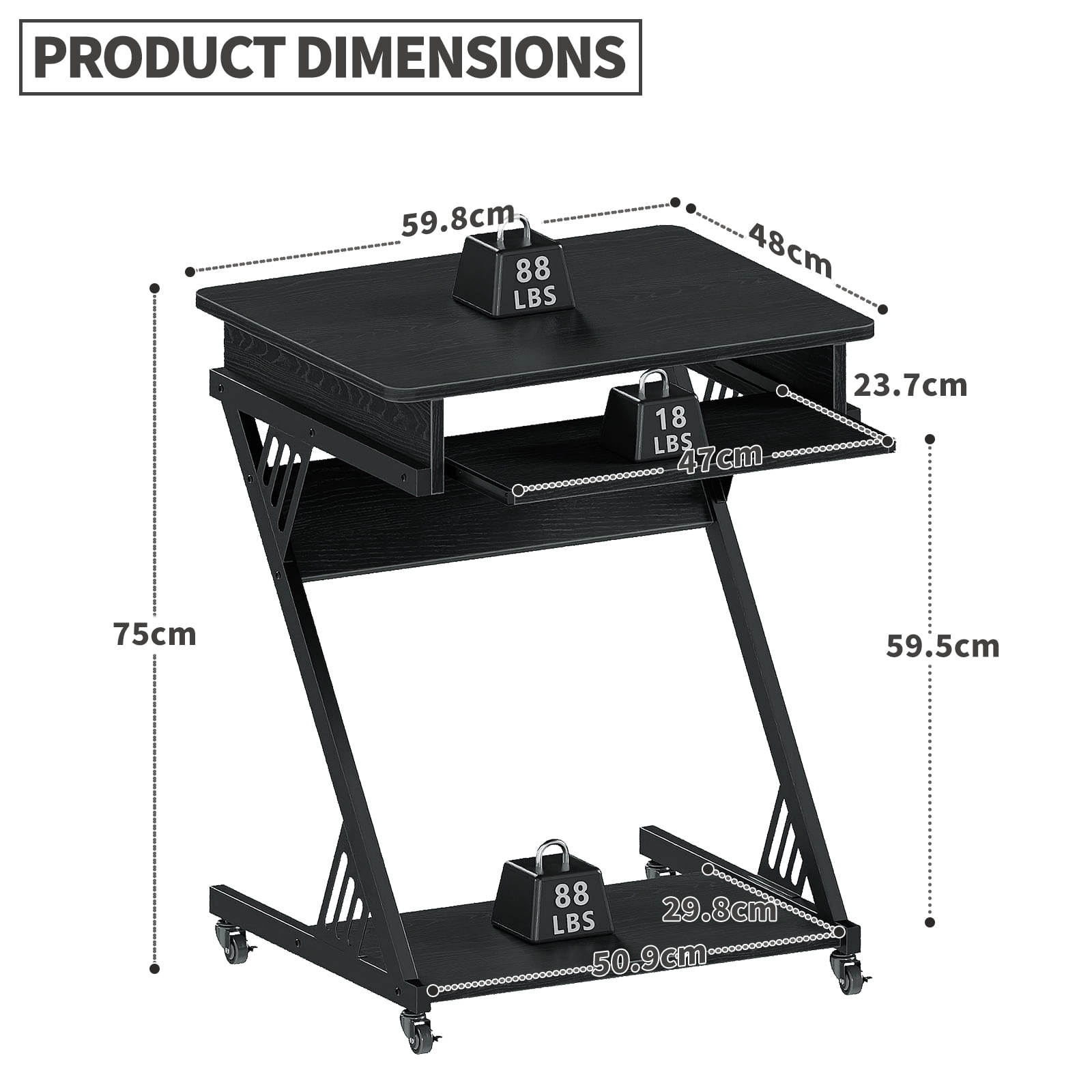 ALISENED 23.6 inch Z-Shaped Mobile Computer Desk with Smooth Keyboard Tray, with Wheels and Bottom Shelves
