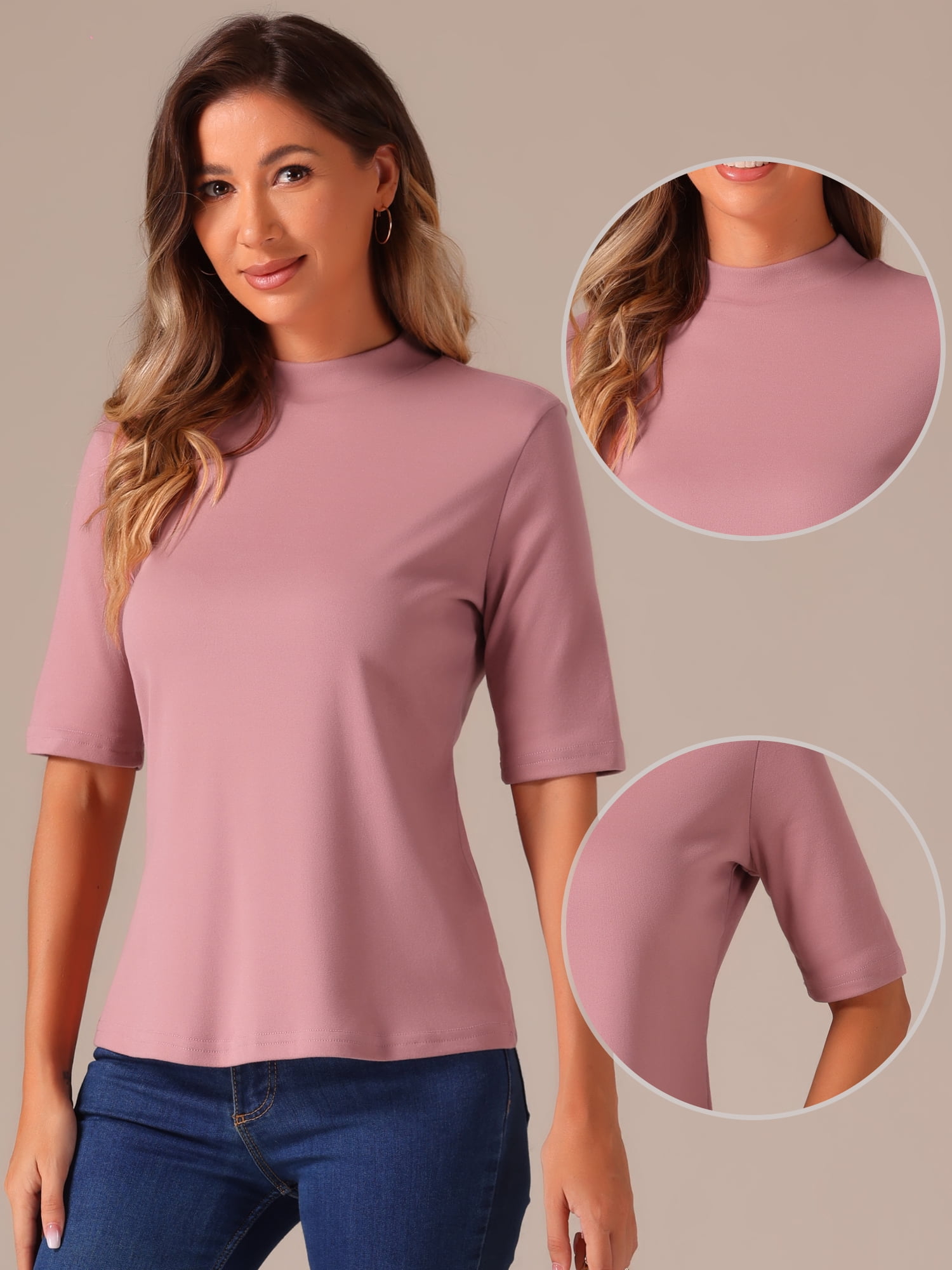 DARING DIVA Women's Half Sleeve Mock Turtleneck Casual Top S Dark Pink