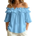 thumbnail image 2 of Uootdi Beach Tops for Women Off The Shoulder Ruffle Trim 3/4 Flare Sleeve Plain Soft Woven Loose Fit Coastal Holiday Cute Summer Tops for Women, 2 of 5