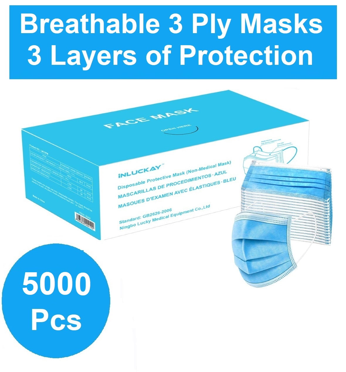 Disposable Face Mask - 5000 Pack - Disposable Face Masks, 3-ply Elastic Ear Loop Filter Mask