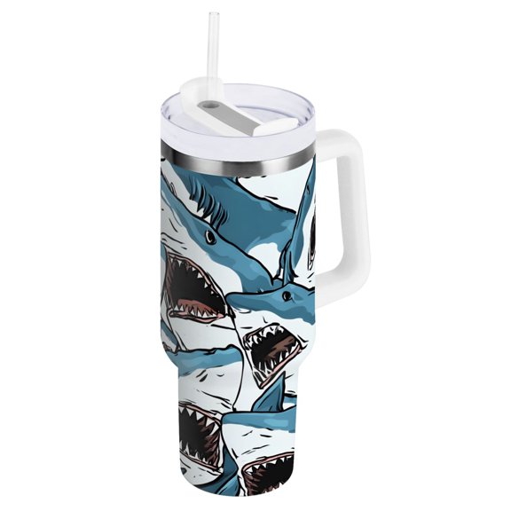 Ryvnso 40 oz Tumbler with Handle and Straw Sharks-s1 Insulated Stainless Steel Travel Mug with Lid
