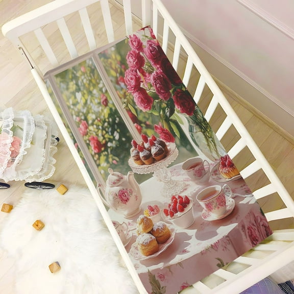 KUANGWANG Ultra Soft Fitted Microfiber Crib Sheets for Newborn Baby Boys Girls Tea Set with Cakes Roses Design Cute Pattern