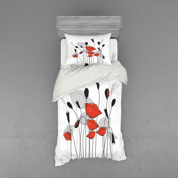 Ambesonne Floral Bedding Set 3 Pcs, Hand Drawn Poppy Flowers, Twin XL, Vermilion Black
