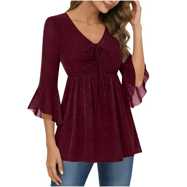 BLVB Sparkly Tops for Women Ruffle 3/4 Sleeve V Neck Double Layers Mesh Blouses Loose Fit Flowy Tunic Tops Spring Shirts