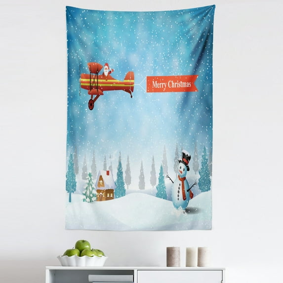 Christmas Tapestry, Santa in a Plane Flying over the Forest with Snowman Jolly Season Celebration, Fabric Wall Hanging Decor for Bedroom Living Room Dorm, 5 Sizes, Blue Orange, by Ambesonne