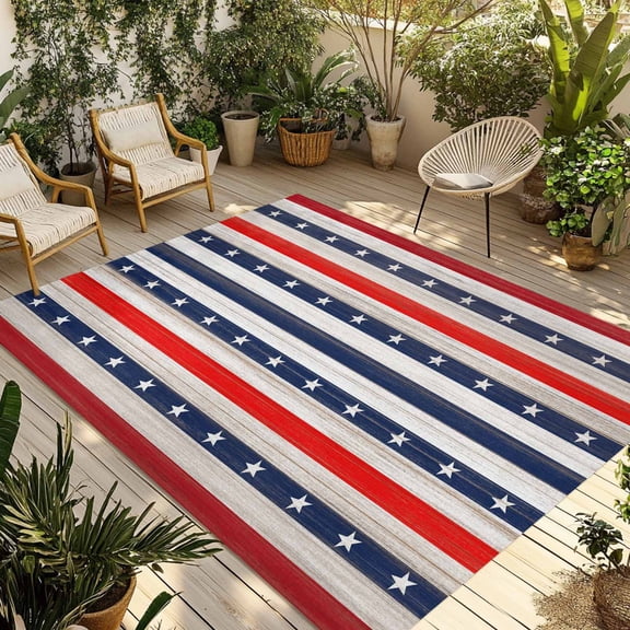 4th of July Outdoor Rug for Patio/Deck/Porch, Non-Slip Large Area Rug 5 x 7 Ft, Independent Day Retro Red Blue Stars Wood Grain Indoor Outdoor Rugs Washable Area Rugs, Camping Rug Carpet Runner